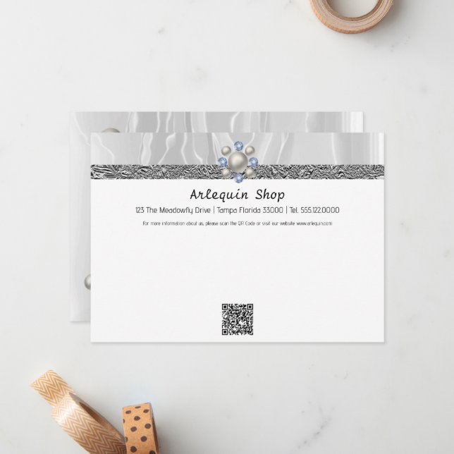 Modern QR Code White Silk Foil Business Store Card (Front/Back In Situ)