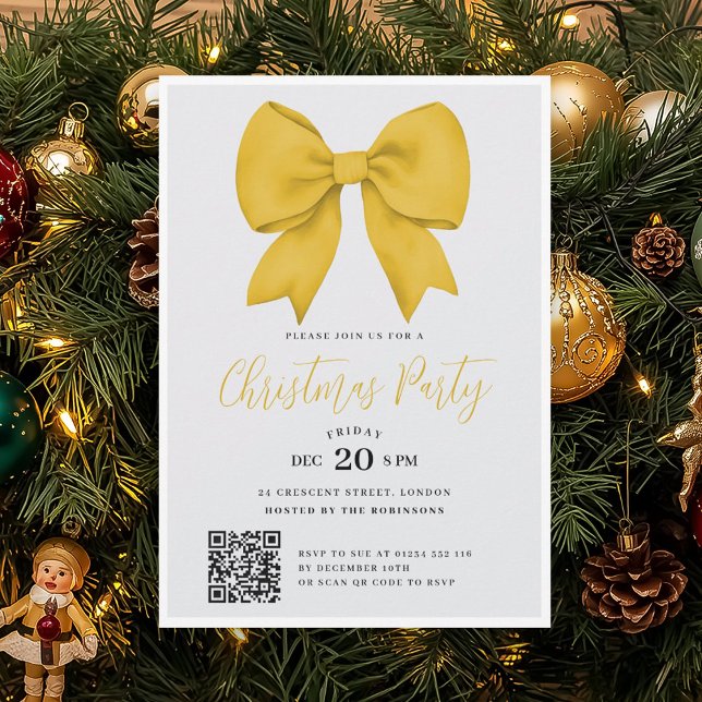 Modern QR Gold Holiday Bow Christmas Party Invitation (Modern QR Gold Holiday Bow Christmas Party Invitation)