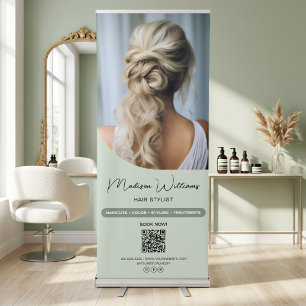 Modern QR Hair Stylist Salon Sage Green Retractable Banner