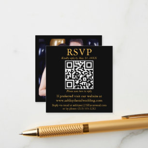Modern QR Photo Black Gold Square Wedding RSVP Enclosure Card