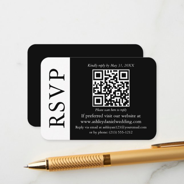 Modern QR Wedding Black and White RSVP Enclosure Card (Front/Back In Situ)