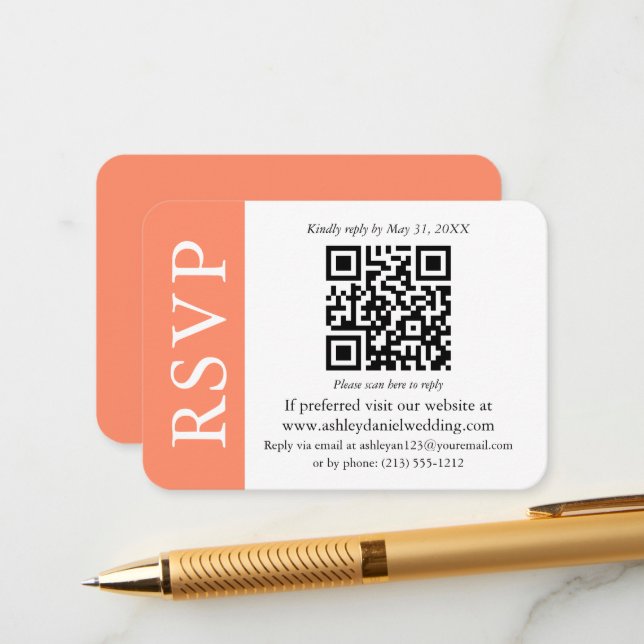 Modern QR Wedding RSVP Coral and White Enclosure Card (Front/Back In Situ)