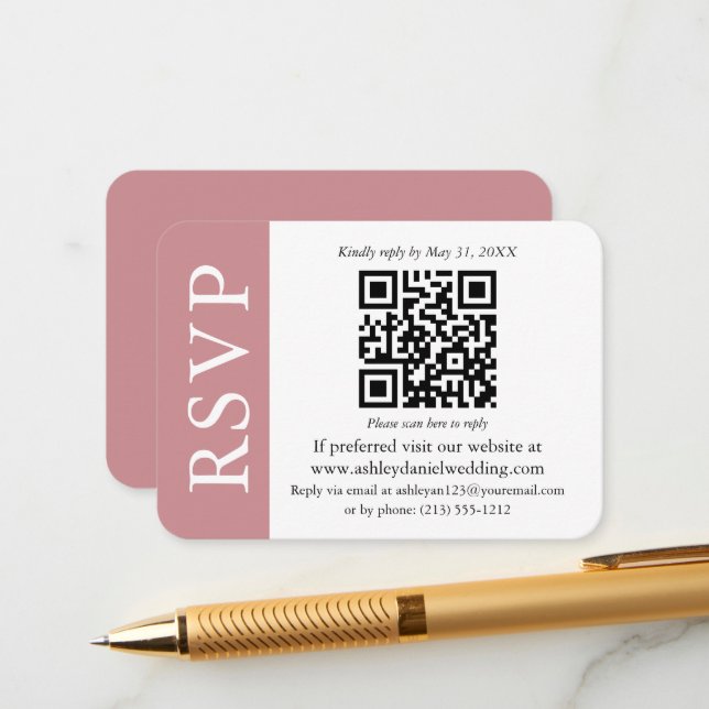 Modern QR Wedding RSVP Dusty Rose and White Enclosure Card (Front/Back In Situ)