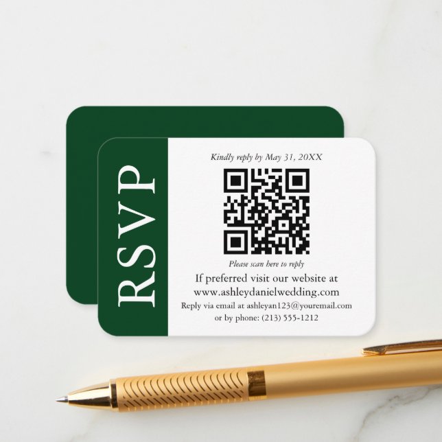 Modern QR Wedding RSVP Green and White Enclosure Card (Front/Back In Situ)
