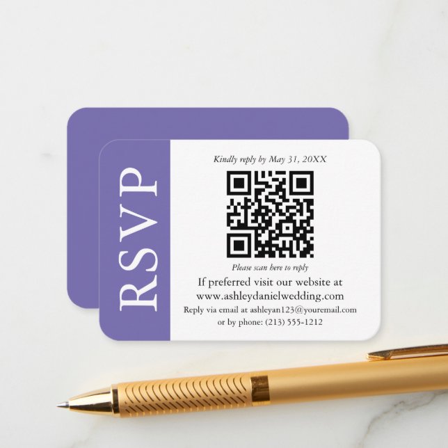 Modern QR Wedding RSVP Periwinkle and White Enclosure Card (Front/Back In Situ)