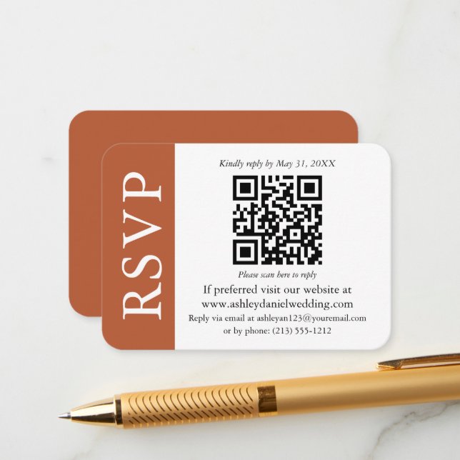 Modern QR Wedding RSVP Terracotta and White Enclosure Card (Front/Back In Situ)