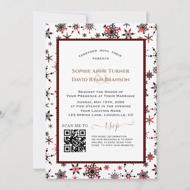 Modern QR Winter Holidays Red Buffalo Wedding Invitation (Front)