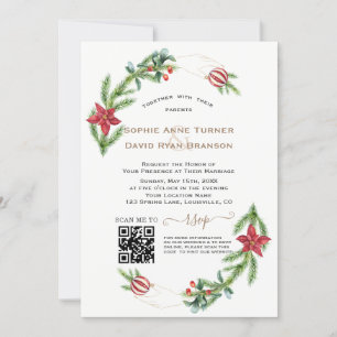 Modern QR Winter Holidays Wreath Gold Wedding Invitation