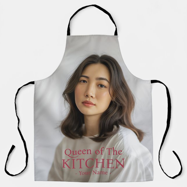 Modern Queen of the Kitchen Photo Name Apron (Front)