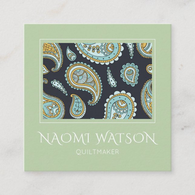 Modern Quiltmaker Paisley Pattern On Sage Green Square Business Card (Front)