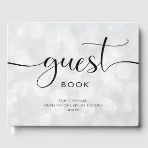 Modern Quinceanera Birthday Silver Bokeh Photo Guest Book