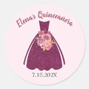 Modern Quinceañera Glitter Gown   Classic Round Sticker
