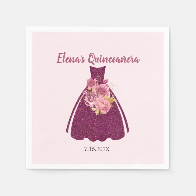 Modern Quinceañera Glitter Gown  Napkin (Front)