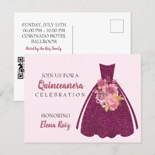 Modern Quinceañera Glitter Gown QR Code Invitation
