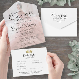 Modern Quinceañera Photo Overlay 15th Birthday All In One Invitation