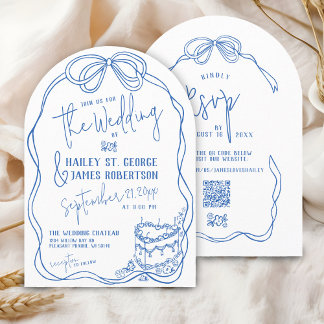 Modern quirky hand drawn bow BLUE retro wedding Invitation