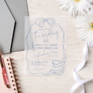 Modern Quirky Hand Drawn Bow BLUE Retro Wedding Vellum Invitations