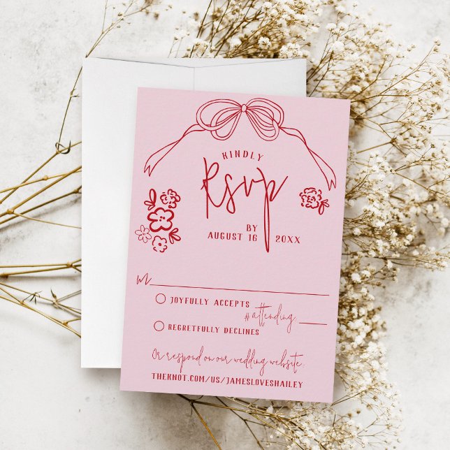 Modern Quirky Hand Drawn Bow Floral PINK Wedding RSVP Card (Unique modern retro hand drawn pink & red bow floral script vintage wedding invitation RSVP card)