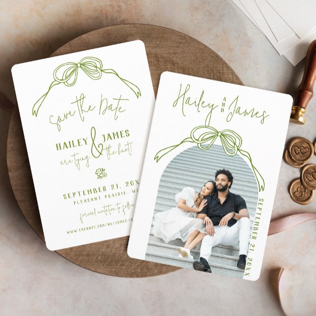 Modern Quirky Hand Drawn Bow GREEN Photo wedding Save The Date (Green boho trendy hand drawn coquette bow modern arch photo classy wedding save the date)