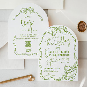 Modern quirky hand drawn bow GREEN retro wedding Invitation