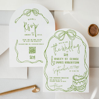Modern quirky hand drawn bow GREEN retro wedding Invitation