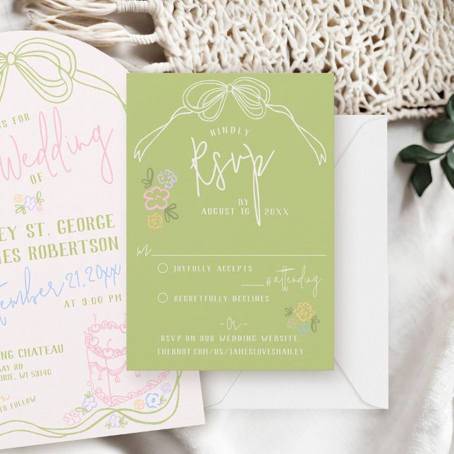 Modern quirky hand drawn bow PASTEL green wedding RSVP Card (Sage Green pastel modern trendy hand drawn written  bow vintage floral wedding invitation rsvp card)