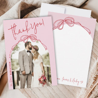 Modern Quirky Hand Drawn Bow PINK Photo Wedding Thank You Card