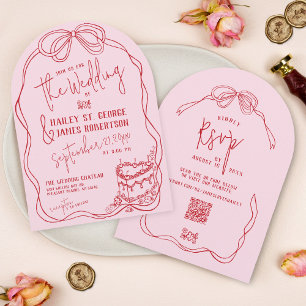 Modern Quirky Hand Drawn Bow PINK Retro Wedding Invitation