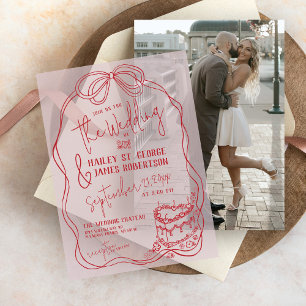 Modern Quirky Hand Drawn Bow PINK Retro Wedding Vellum Invitations