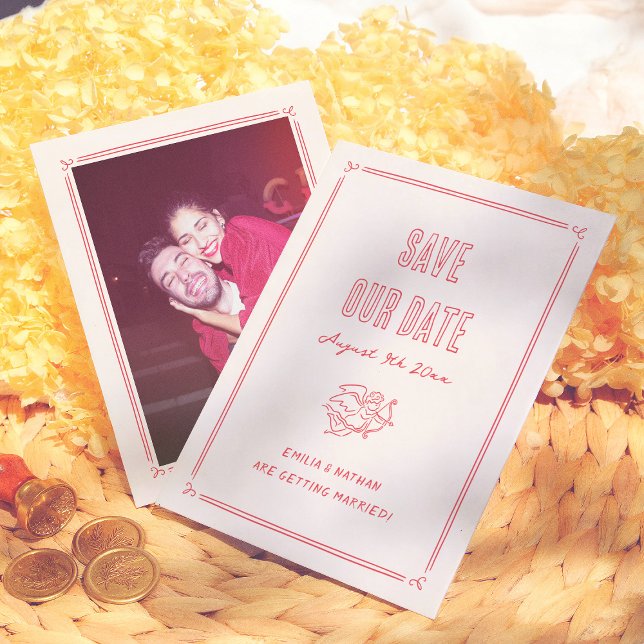 Modern Quirky Retro Hand Drawn Cupid Photo Wedding Save The Date (Creator Uploaded)