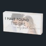 Modern Quote Engaged Photo Found One My Soul Loves Wooden Box Sign<br><div class="desc">This modern and simple inspirational black and white design features your own photo with a white overlay under the popular quote about love, "I found the one my soul loves", taken from the book of the Song of Songs 3:4 in the Bible, in modern and trendy hand lettered script typography....</div>