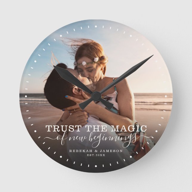 Modern Quote Love Wedding Photo Newlywed Round Clock (Front)