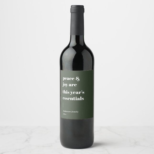 modern quote peace and joy holiday wine label (Front)