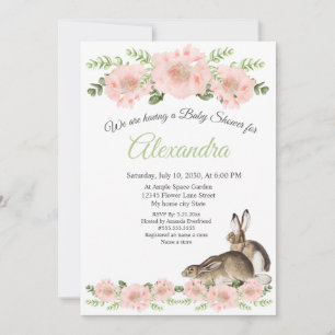Modern Rabbit Pink Poppy floral girl baby shower  Announcement