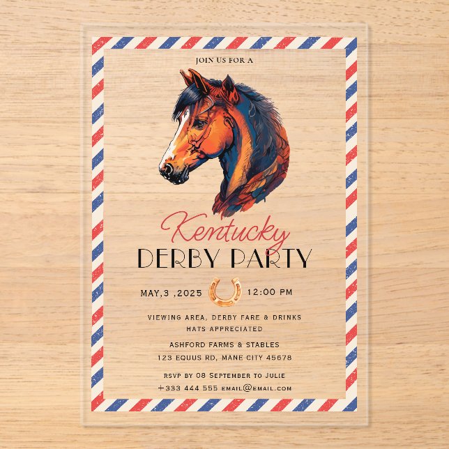 Modern Race Horse Derby Party Equestrian Acrylic Invitations (Front)
