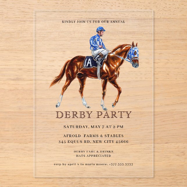 Modern Race Horse Derby Party Equestrian Acrylic Invitations (Front)