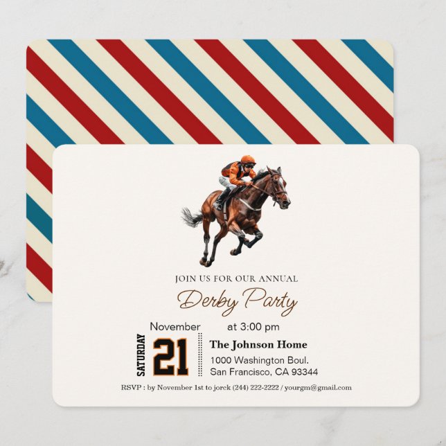 Modern Race Horse Derby Party Equestrian  Invitation (Front/Back)