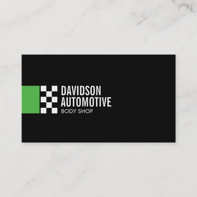 Modern Racing Flag Logo in Green Automotive Business Card (Front)