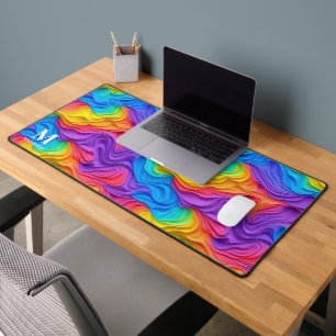 Modern Rainbow Abstract Swirls Monogram Desk Mat