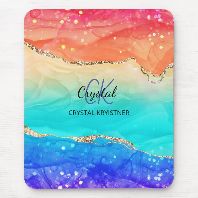 Modern Rainbow Agate Glitter Monogram Mouse Mat (Front)