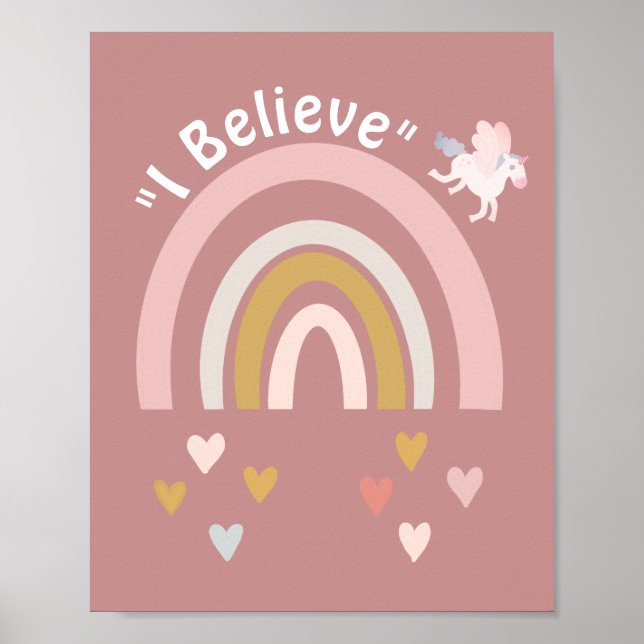 Modern Rainbow and Hearts Believe in Unicorns Pink Poster (Front)