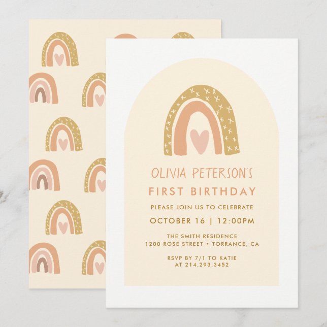 Modern Rainbow Arch First Birthday Invitation (Front/Back)