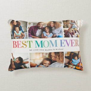 Modern Rainbow Best Mom Ever 6 Photo Collage Decorative Cushion