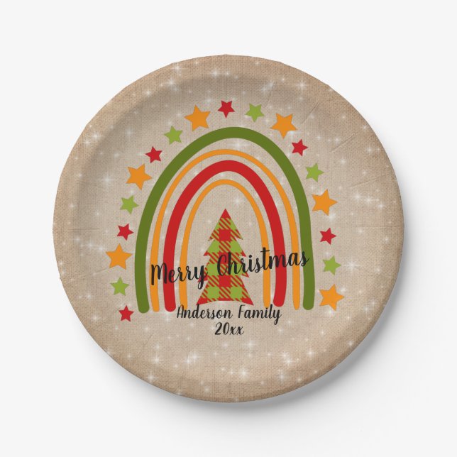 Modern Rainbow Christmas Tartan Tree 20xx Text  7" Paper Plate (Front)