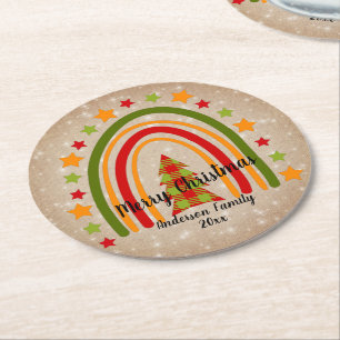 Modern Rainbow Christmas Tartan Tree 20xx Text  Round Paper Coaster