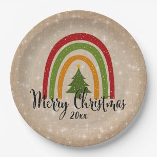 Modern Rainbow Christmas Tree 20xx Add Year 9" Paper Plate