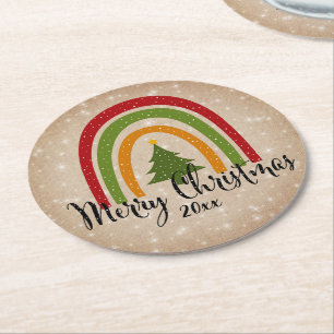 Modern Rainbow Christmas Tree 20xx Add Year Round Paper Coaster