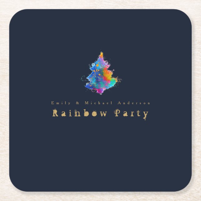 Modern Rainbow Christmas Tree Personalised Party Square Paper Coaster (Front)