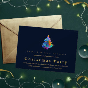 Modern Rainbow Christmas Tree Trendy Navy Blue Invitation