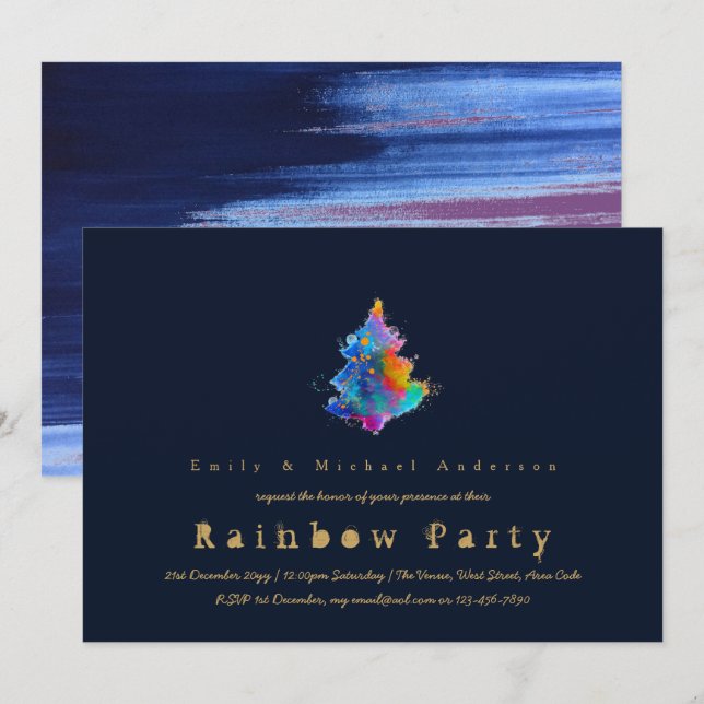 Modern Rainbow Christmas Tree Trendy Navy Blue Invitation (Front/Back)